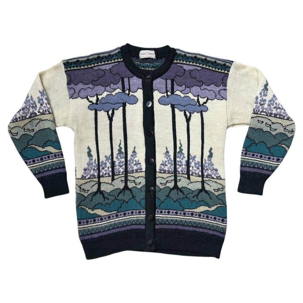 90s Vintage wool forest cardigan sweater Past Times UK trees nature pattern. - Picture 5 of 7